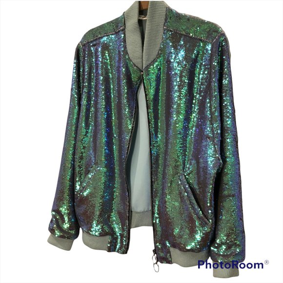 DAF ORLVOSKY Premium Streetwear INCREDIBLE green sequin bomber jacket XL - Picture 3 of 4
